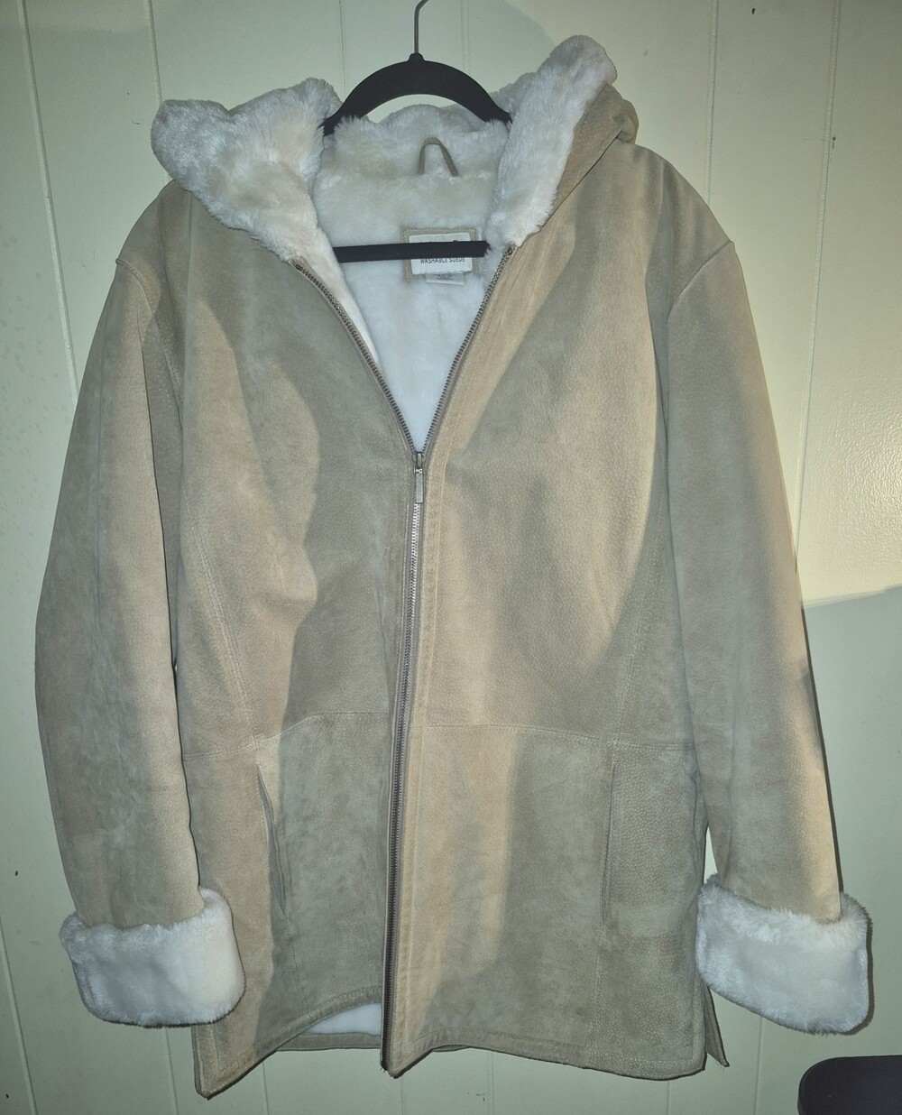 Vintage St John's Bay Suede Jacket Lined Hooded Faux Fur Coat Tan Boho Y2K Sz L